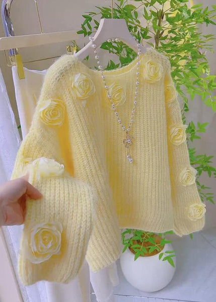 French Pink O Neck Floral Decorated Knit Pullover Spring YY017 ABC