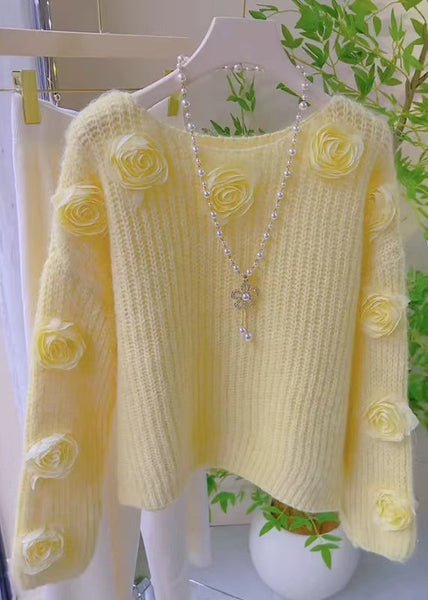 French Pink O Neck Floral Decorated Knit Pullover Spring YY017 ABC