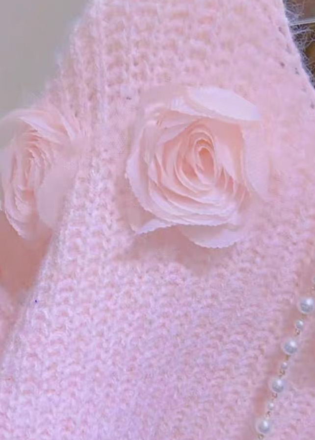 French Pink O Neck Floral Decorated Knit Pullover Spring YY017 ABC