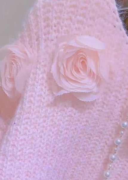 French Pink O Neck Floral Decorated Knit Pullover Spring YY017 ABC