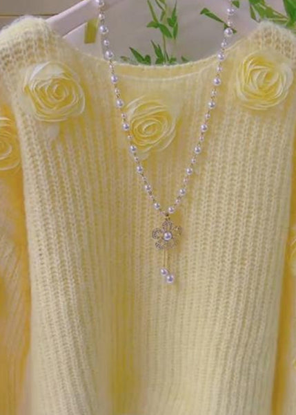 French Pink O Neck Floral Decorated Knit Pullover Spring YY017 ABC