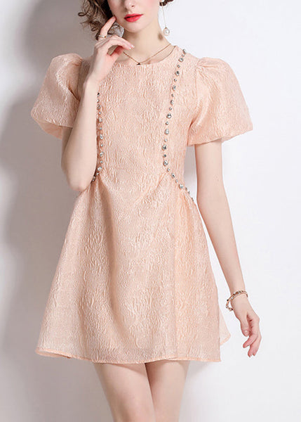 Nail Jacquard O Neck Bead Dresses Summer Cotton French Pink FashionChic