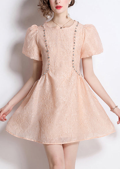 Nail Jacquard O Neck Bead Dresses Summer Cotton French Pink FashionChic