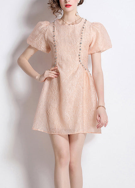 Nail Jacquard O Neck Bead Dresses Summer Cotton French Pink FashionChic