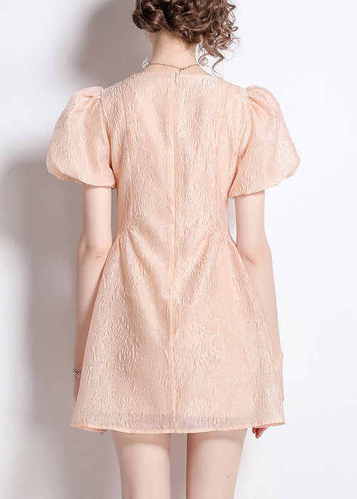 Nail Jacquard O Neck Bead Dresses Summer Cotton French Pink FashionChic
