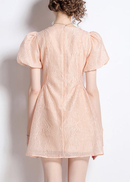 Nail Jacquard O Neck Bead Dresses Summer Cotton French Pink FashionChic