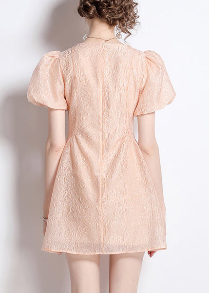 Nail Jacquard O Neck Bead Dresses Summer Cotton French Pink FashionChic