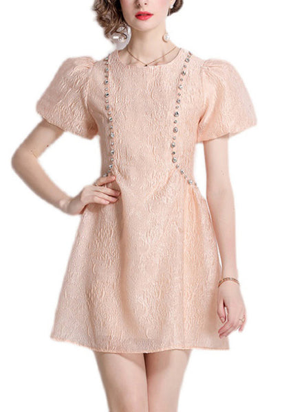 Nail Jacquard O Neck Bead Dresses Summer Cotton French Pink FashionChic