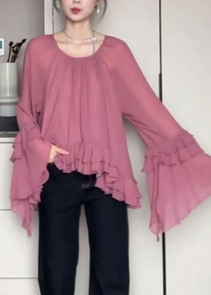 French O-Neck Pink Ruffled Flare Shirts Sleeve Chiffon Patchwork FashionChic
