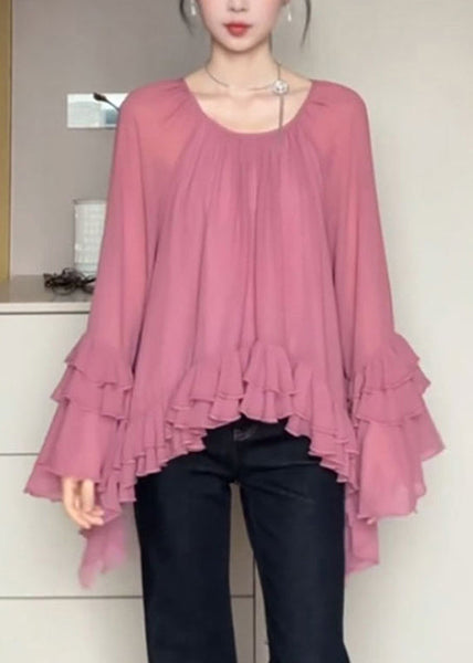 French O-Neck Pink Ruffled Flare Shirts Sleeve Chiffon Patchwork FashionChic