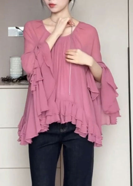 French O-Neck Pink Ruffled Flare Shirts Sleeve Chiffon Patchwork FashionChic