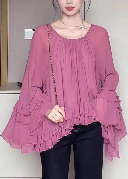 French O-Neck Pink Ruffled Flare Shirts Sleeve Chiffon Patchwork FashionChic