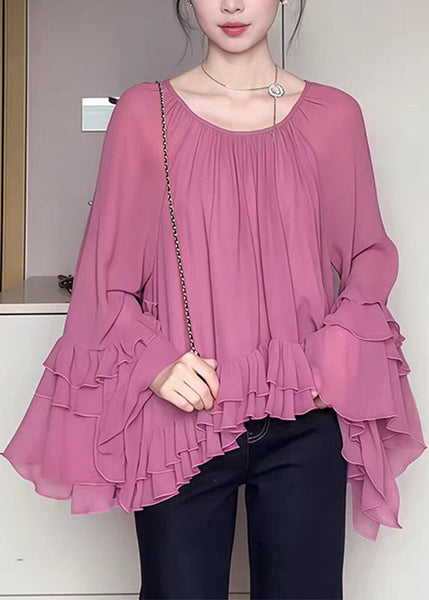 French O-Neck Pink Ruffled Flare Shirts Sleeve Chiffon Patchwork FashionChic