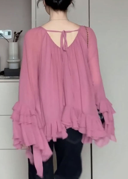 French O-Neck Pink Ruffled Flare Shirts Sleeve Chiffon Patchwork FashionChic