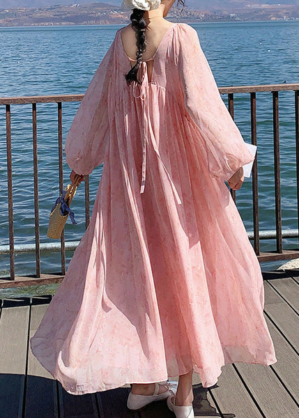 Long Up Summer French Dresses Neck O Wrinkled Lace Chiffon Pink FashionChic