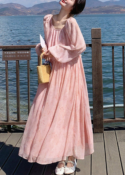 Long Up Summer French Dresses Neck O Wrinkled Lace Chiffon Pink FashionChic