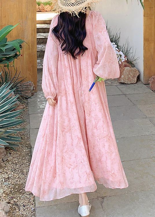Long Up Summer French Dresses Neck O Wrinkled Lace Chiffon Pink FashionChic