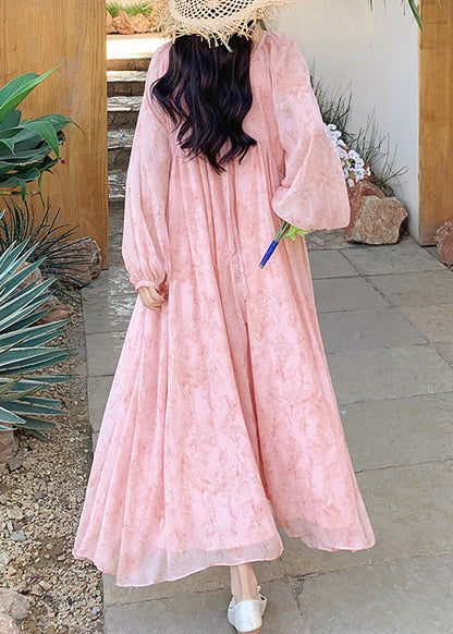Long Up Summer French Dresses Neck O Wrinkled Lace Chiffon Pink FashionChic