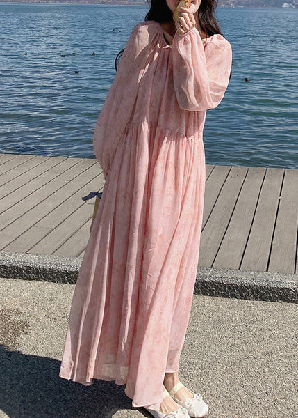 Long Up Summer French Dresses Neck O Wrinkled Lace Chiffon Pink FashionChic