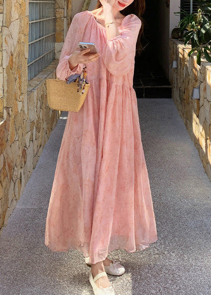 Long Up Summer French Dresses Neck O Wrinkled Lace Chiffon Pink FashionChic