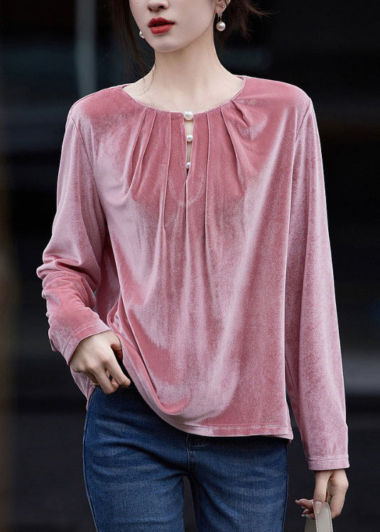 French Pink O Neck Wrinkled Velour Top Fall WP034 NZ-LTP241107