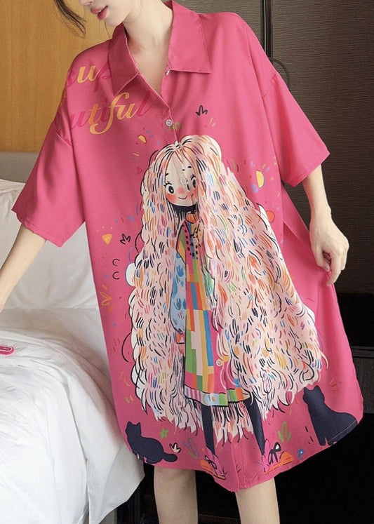 Silk Shirts French Pan Collar Dress Print Ice Pink Peter Summer FashionChic