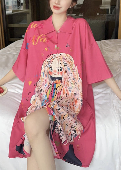 Silk Shirts French Pan Collar Dress Print Ice Pink Peter Summer FashionChic