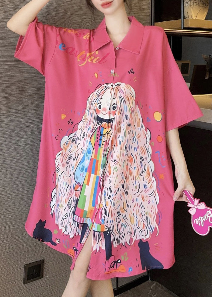 Silk Shirts French Pan Collar Dress Print Ice Pink Peter Summer FashionChic