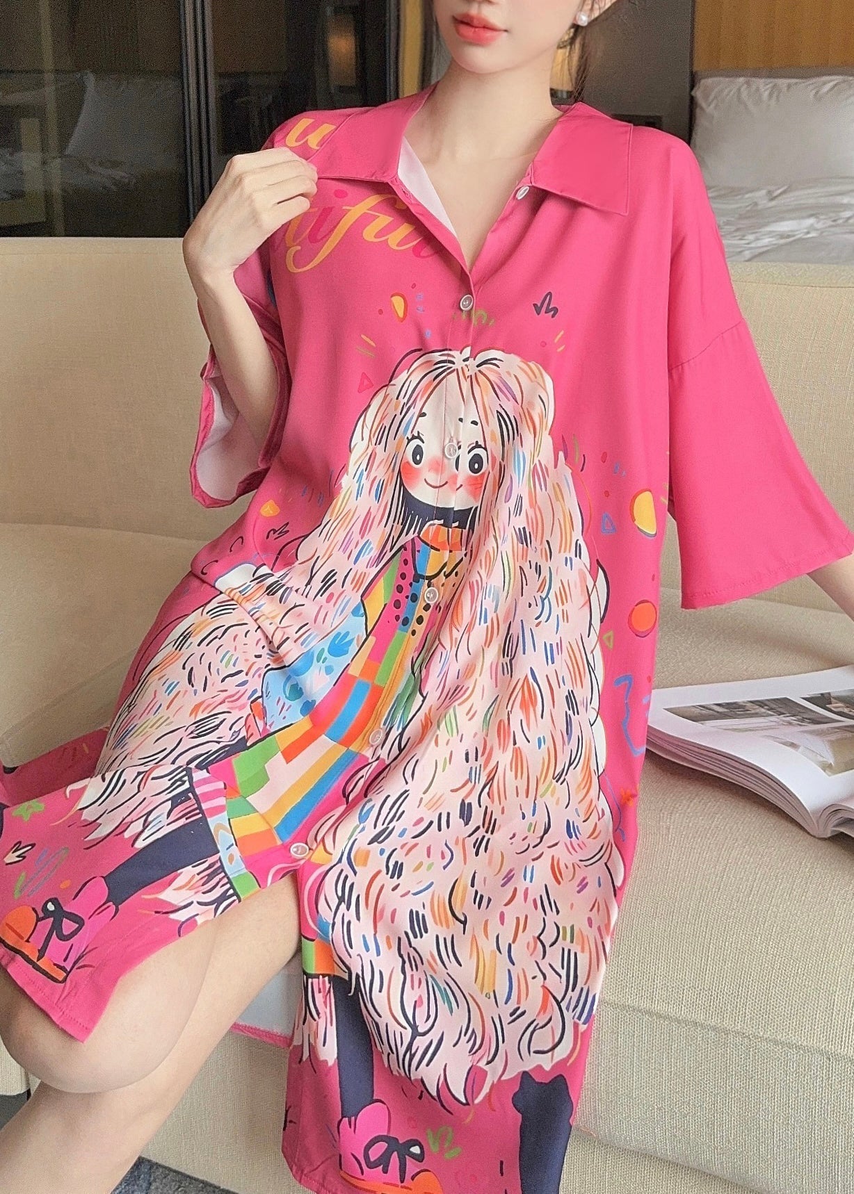Silk Shirts French Pan Collar Dress Print Ice Pink Peter Summer FashionChic