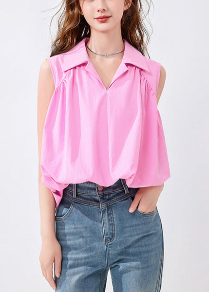 French Pink Peter Pan Collar Solid Cotton Shirt Sleeveless KK053 SH-LF-VTP240602