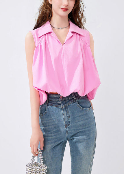 French Pink Peter Pan Collar Solid Cotton Shirt Sleeveless KK053 SH-LF-VTP240602