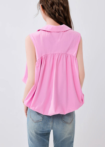 French Pink Peter Pan Collar Solid Cotton Shirt Sleeveless KK053 SH-LF-VTP240602