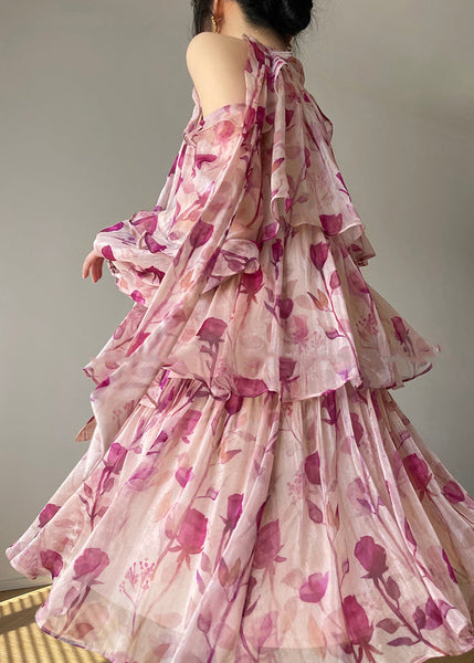 French Pink Print Ruffled Lantern Sleeve Cold Shoulder Dress EE1005 SH-LF-SDM240517