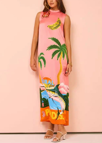 French Pink Print Side Open Silk Maxi Dresses Sleeveless FF099 SH-LF-SDL240603