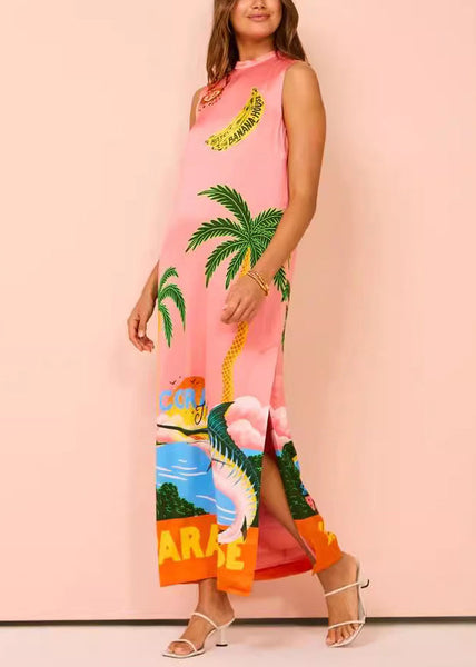 French Pink Print Side Open Silk Maxi Dresses Sleeveless FF099 SH-LF-SDL240603