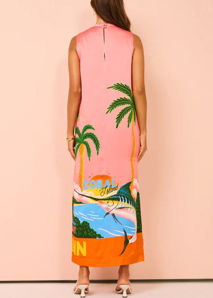 French Pink Print Side Open Silk Maxi Dresses Sleeveless FF099 SH-LF-SDL240603
