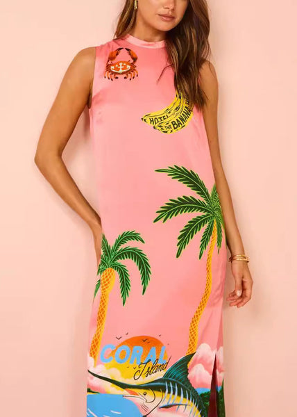 French Pink Print Side Open Silk Maxi Dresses Sleeveless FF099 SH-LF-SDL240603