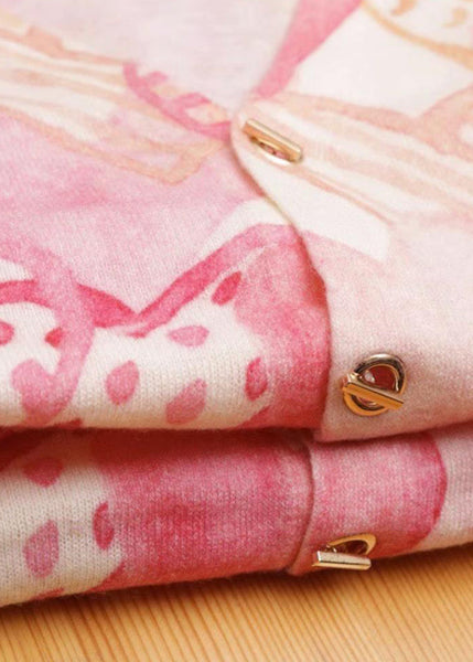 French Pink Print V Neck Button Knit Tops Long Sleeve Ada Fashion