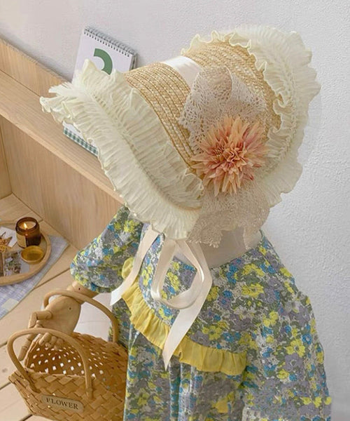 French Pink Purple Lace Flower Ruffles Grass Woven Sun Hat YU1007 Hat-HAT240528