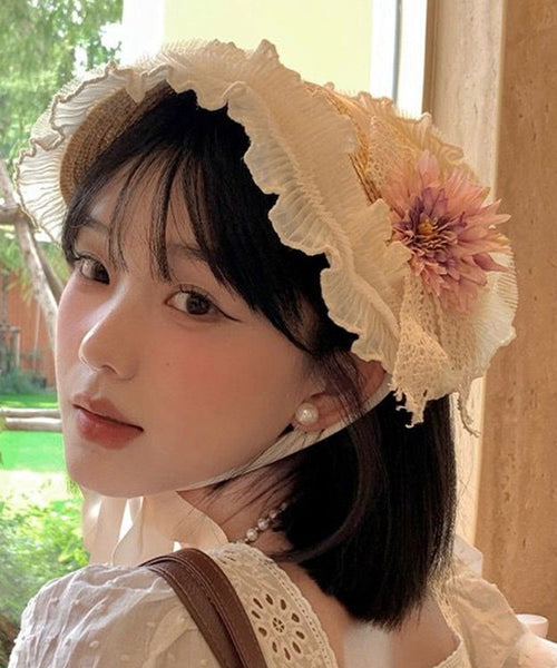 French Pink Purple Lace Flower Ruffles Grass Woven Sun Hat YU1007 Hat-HAT240528