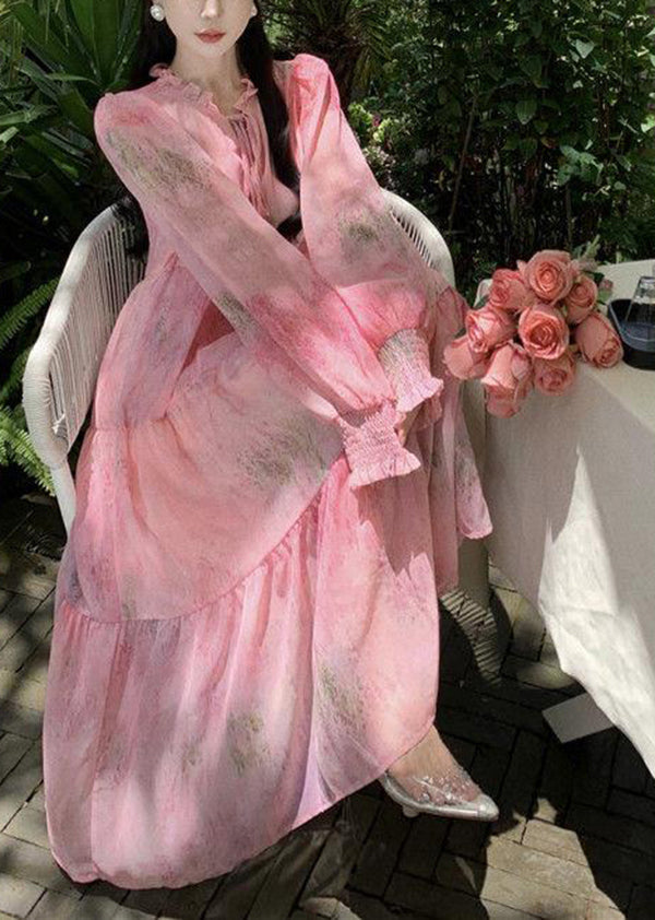 French Pink Ruffled Lace Up Patchwork Chiffon Dress Long Sleeve XX078 SH-LF-FDL240611