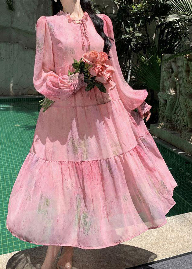 French Pink Ruffled Lace Up Patchwork Chiffon Dress Long Sleeve XX078 SH-LF-FDL240611