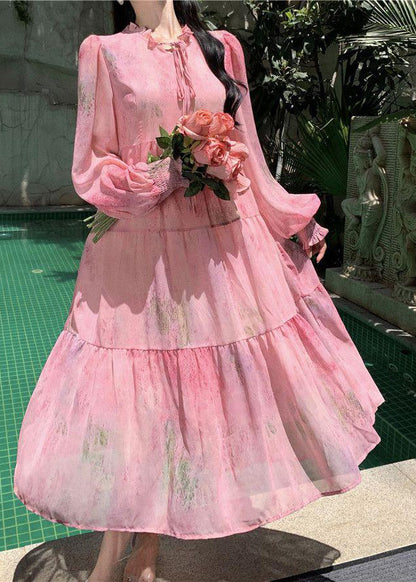 French Pink Ruffled Lace Up Patchwork Chiffon Dress Long Sleeve XX078 SH-LF-FDL240611