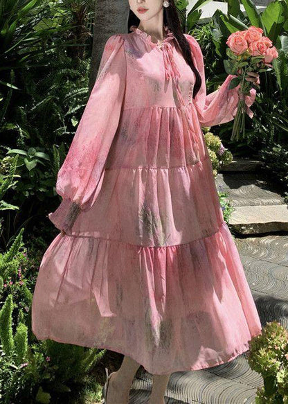 French Pink Ruffled Lace Up Patchwork Chiffon Dress Long Sleeve XX078 SH-LF-FDL240611