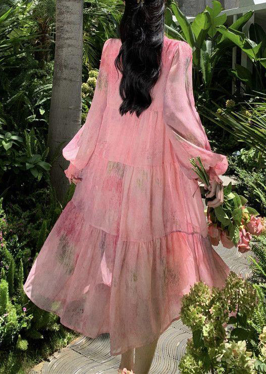 French Pink Ruffled Lace Up Patchwork Chiffon Dress Long Sleeve XX078 SH-LF-FDL240611