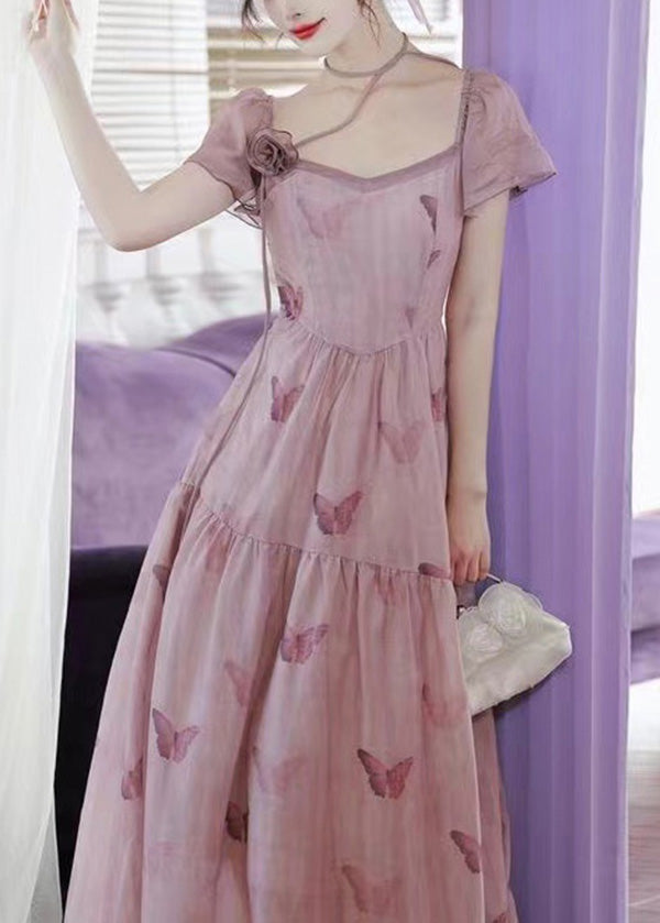 French Pink Square Collar Butterfly Print Chiffon Dress Summer XX022 SH-LF-SDL240611