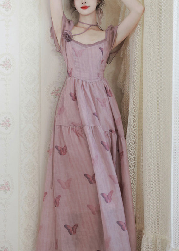French Pink Square Collar Butterfly Print Chiffon Dress Summer XX022 SH-LF-SDL240611