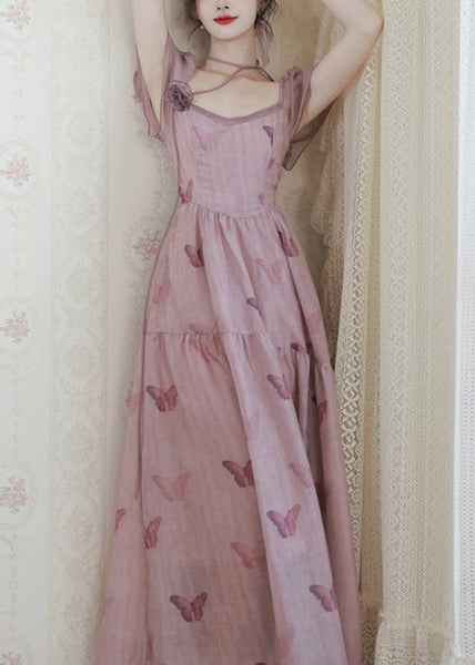 French Pink Square Collar Butterfly Print Chiffon Dress Summer XX022 SH-LF-SDL240611