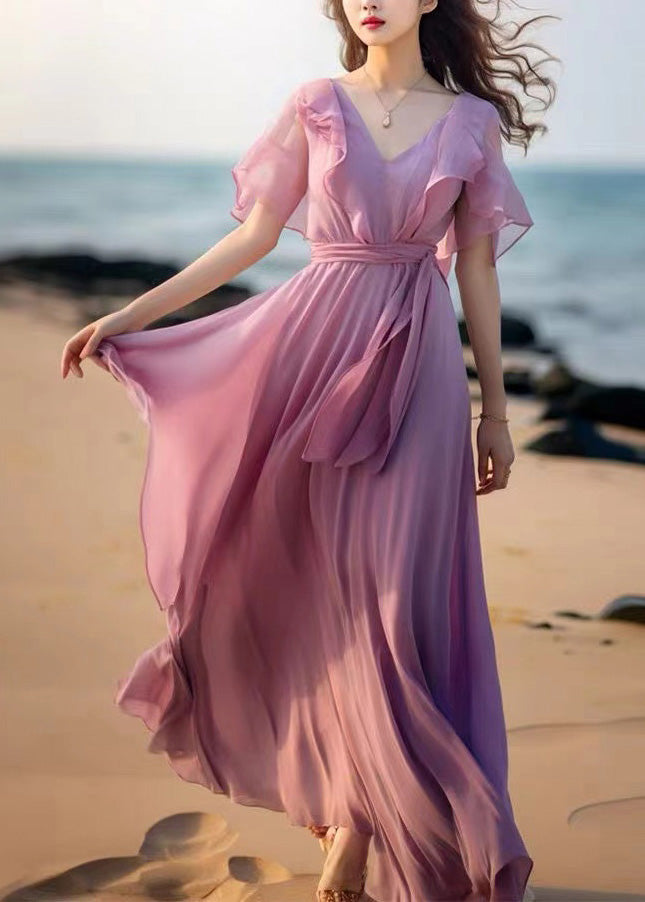 French Pink Tie Waist Patchwork Chiffon Dresses Butterfly Sleeve XX057 SH-LF-SDL240611