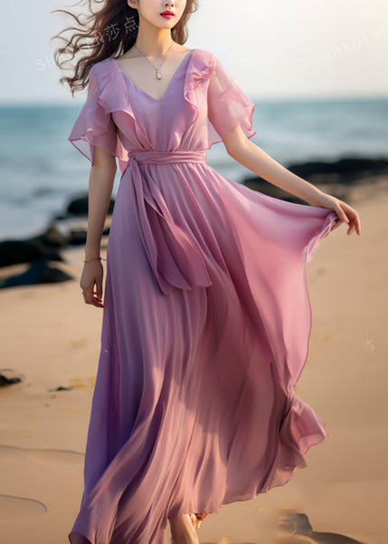 French Pink Tie Waist Patchwork Chiffon Dresses Butterfly Sleeve XX057 SH-LF-SDL240611